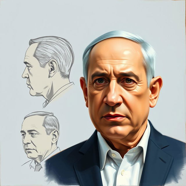 A creative depiction of Benjamin Netanyahu combining sketch technique and oil paint, showcasing him from three different angles: a detailed profile, a frontal view, and a dynamic three-quarter view