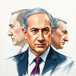 A creative depiction of Benjamin Netanyahu combining sketch technique and oil paint, showcasing him from three different angles: a detailed profile, a frontal view, and a dynamic three-quarter view