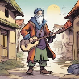 A high-quality comic book-style illustration of a tall, zany, and funny bard, who resembles a homeless vagrant from a fantasy Dungeons and Dragons setting