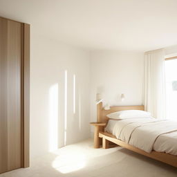 A minimalist bedroom featuring elegant wooden furniture against pristine white walls, bathed in soft, natural light.