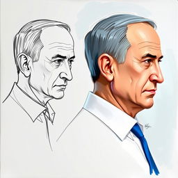 A creative depiction of Benjamin Netanyahu combining sketch technique and oil paint, showcasing him from three different angles: a detailed profile, a frontal view, and a dynamic three-quarter view