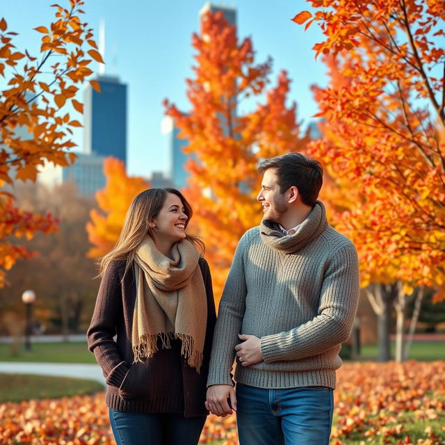 A loving couple in autumn in Chicago, surrounded by vibrant fall foliage in shades of orange, yellow, and red