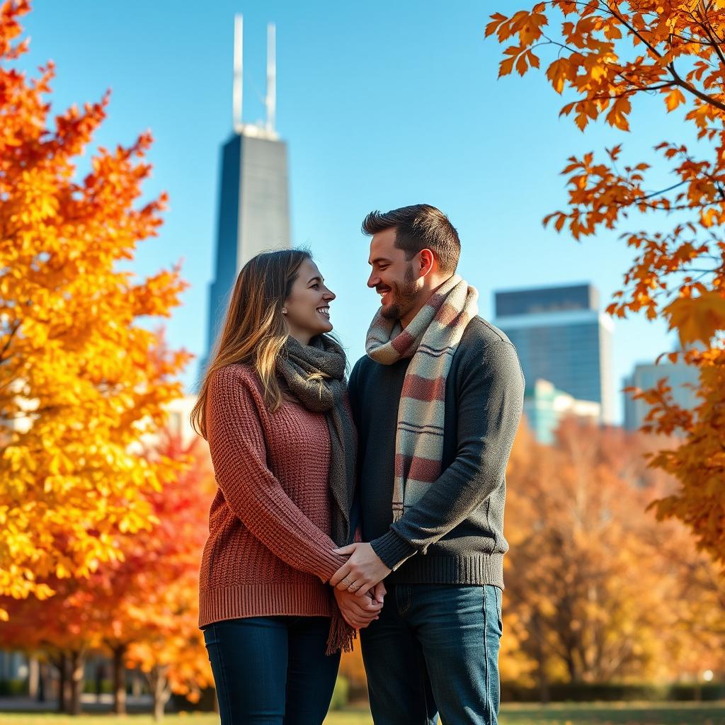 A loving couple in autumn in Chicago, surrounded by vibrant fall foliage in shades of orange, yellow, and red