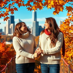 A loving couple in autumn in Chicago, surrounded by vibrant fall foliage in shades of orange, yellow, and red