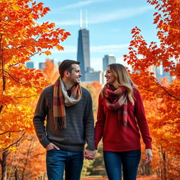 A loving couple in autumn in Chicago, surrounded by vibrant fall foliage in shades of orange, yellow, and red