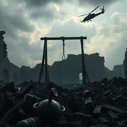 An intense and dramatic scene depicting a landscape of ruins (escombros) with broken walls and debris scattered around