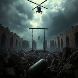An intense and dramatic scene depicting a landscape of ruins (escombros) with broken walls and debris scattered around