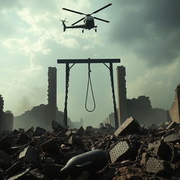 An intense and dramatic scene depicting a landscape of ruins (escombros) with broken walls and debris scattered around