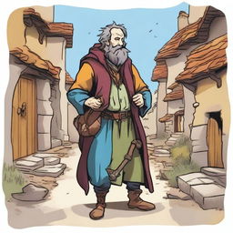 A high-quality comic book-style illustration of a tall, zany, and funny bard, who resembles a homeless vagrant from a fantasy Dungeons and Dragons setting