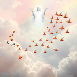 A whimsical and imaginative scene depicting music notes from Tosca by Puccini, intricately transforming into delicate birds