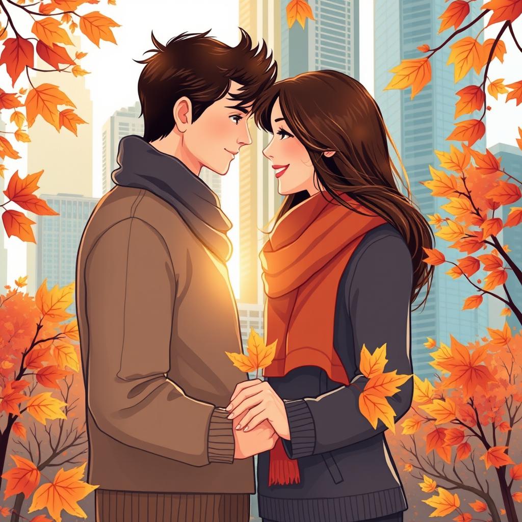 An illustration of a romantic couple in love during autumn in Chicago