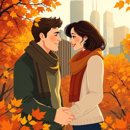 An illustration of a romantic couple in love during autumn in Chicago