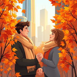 An illustration of a romantic couple in love during autumn in Chicago