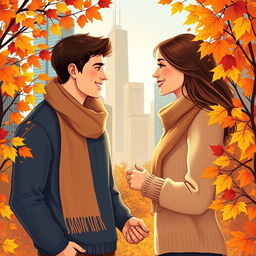 An illustration of a romantic couple in love during autumn in Chicago