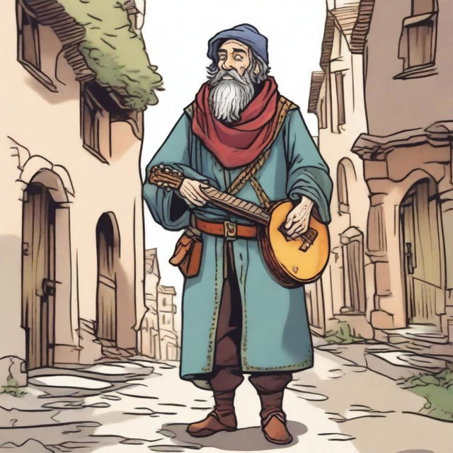 A high-quality comic book-style illustration of a tall, zany, and funny bard, who resembles a homeless vagrant from a fantasy Dungeons and Dragons setting