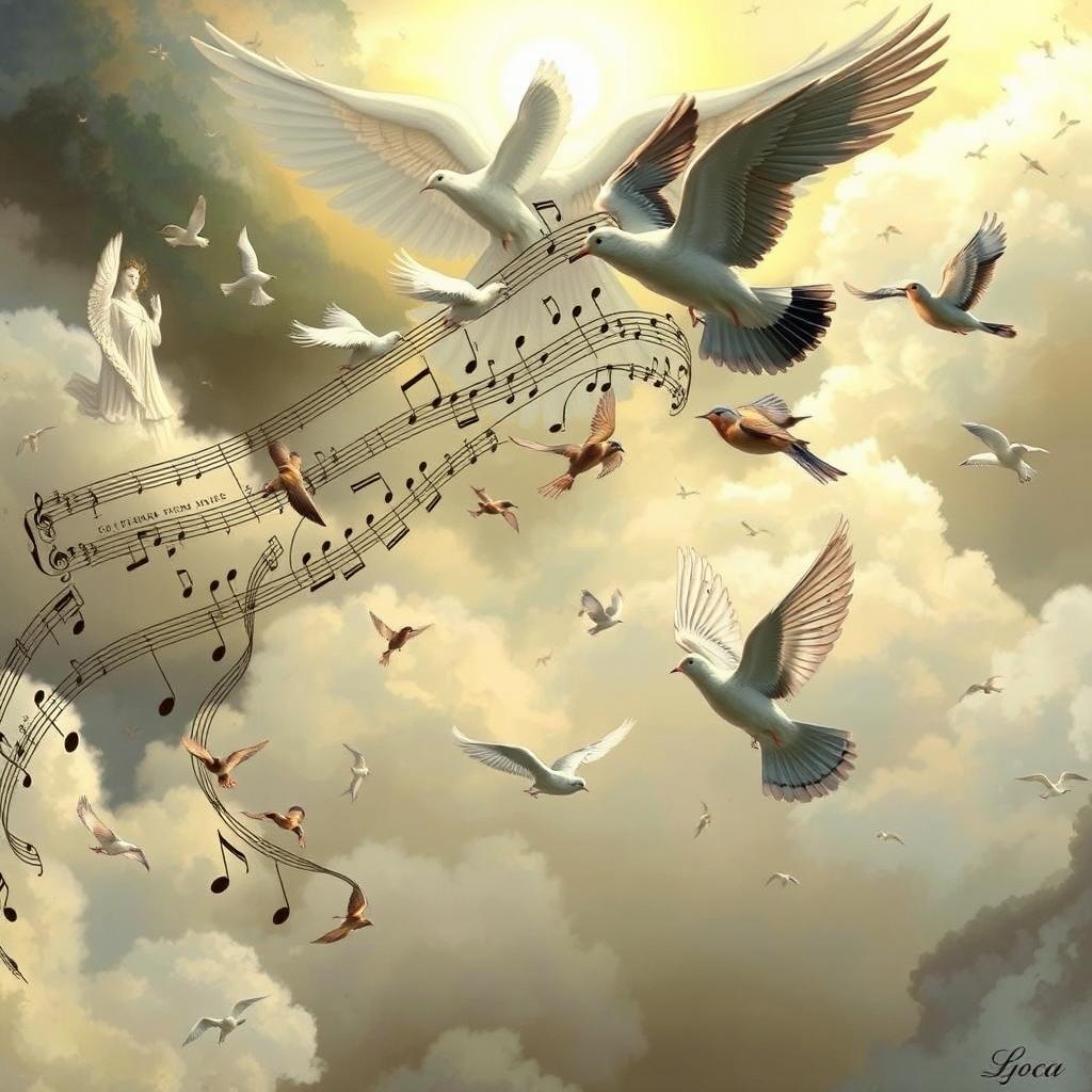 A surreal and imaginative scene showing musical notes from Tosca by Puccini, intricately detailed and beautifully designed, beginning to transform into elegant birds