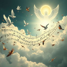 A surreal and imaginative scene showing musical notes from Tosca by Puccini, intricately detailed and beautifully designed, beginning to transform into elegant birds