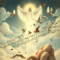 A surreal and imaginative scene showing musical notes from Tosca by Puccini, intricately detailed and beautifully designed, beginning to transform into elegant birds