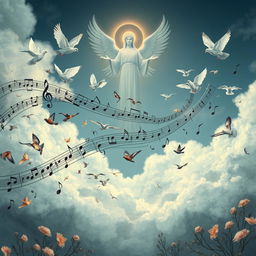 A surreal and imaginative scene showing musical notes from Tosca by Puccini, intricately detailed and beautifully designed, beginning to transform into elegant birds