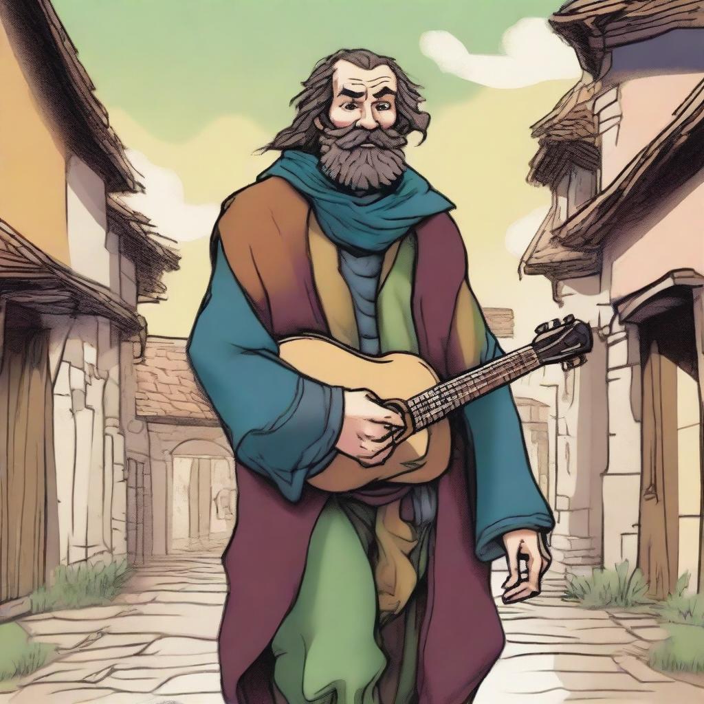 This is a high-quality comic book-style illustration of a tall, zany, and funny bard, who resembles a homeless vagrant from a fantasy Dungeons and Dragons setting