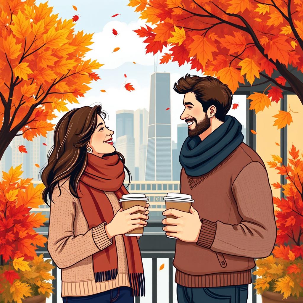 An illustration of a romantic couple in love, standing outside a café in Chicago during autumn