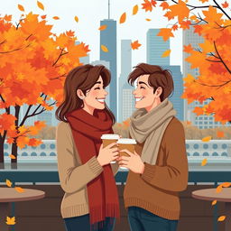 An illustration of a romantic couple in love, standing outside a café in Chicago during autumn