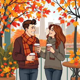 An illustration of a romantic couple in love, standing outside a café in Chicago during autumn