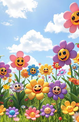 A vibrant and colorful scene filled with cartoon flowers of various shapes and sizes
