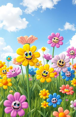 A vibrant and colorful scene filled with cartoon flowers of various shapes and sizes