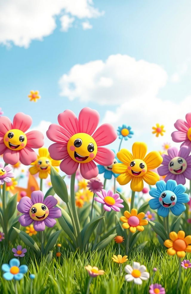 A vibrant and colorful scene filled with cartoon flowers of various shapes and sizes