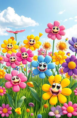 A vibrant and colorful scene filled with cartoon flowers of various shapes and sizes