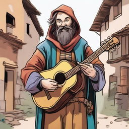 This is a high-quality comic book-style illustration of a tall, zany, and funny bard, who resembles a homeless vagrant from a fantasy Dungeons and Dragons setting