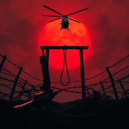 A dramatic and intense scene featuring a gallows (cadafalso) at the center, surrounded by heavy chains symbolizing oppression