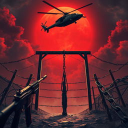 A dramatic and intense scene featuring a gallows (cadafalso) at the center, surrounded by heavy chains symbolizing oppression