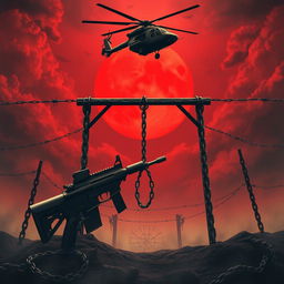 A dramatic and intense scene featuring a gallows (cadafalso) at the center, surrounded by heavy chains symbolizing oppression