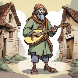 This is a high-quality comic book-style illustration of a tall, zany, and funny bard, who resembles a homeless vagrant from a fantasy Dungeons and Dragons setting