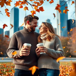 A loving couple standing together in autumn in Chicago, holding takeaway coffee cups in their hands