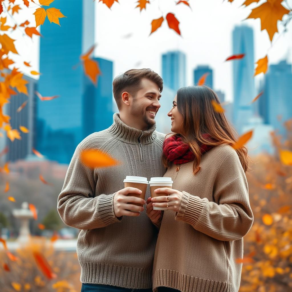 A loving couple standing together in autumn in Chicago, holding takeaway coffee cups in their hands