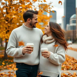 A loving couple standing together in autumn in Chicago, holding takeaway coffee cups in their hands