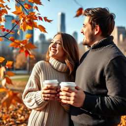 A loving couple standing together in autumn in Chicago, holding takeaway coffee cups in their hands