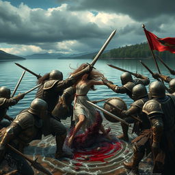 A dramatic scene of warriors fiercely battling in a chaotic war, driven by their love for a girl