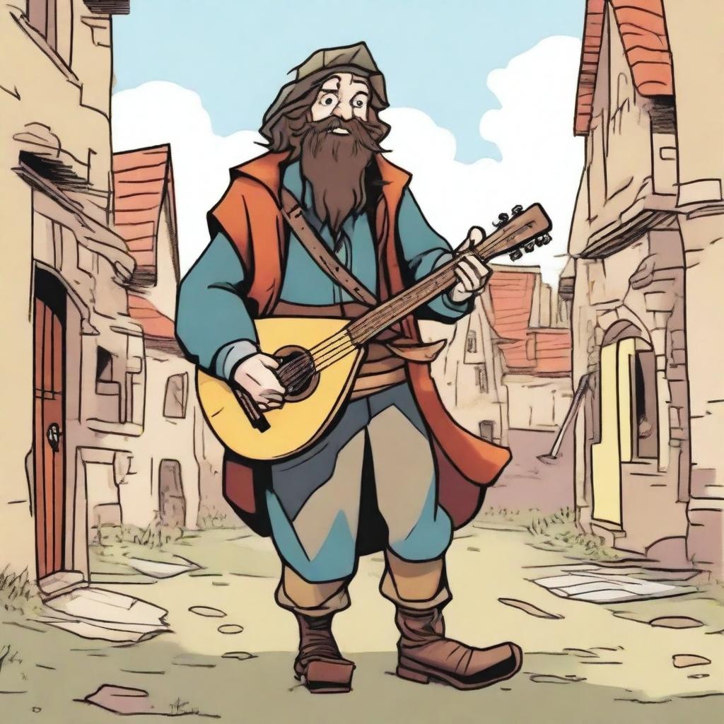 This is a high-quality comic book-style illustration of a tall, zany, and funny bard, who resembles a homeless vagrant from a fantasy Dungeons and Dragons setting