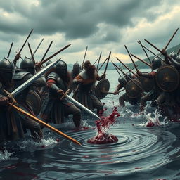 A dramatic scene of warriors fiercely battling in a chaotic war, driven by their love for a girl
