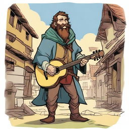 A high-quality comic book-style illustration of a tall, zany, and funny bard, who resembles a homeless vagrant from a fantasy Dungeons and Dragons setting