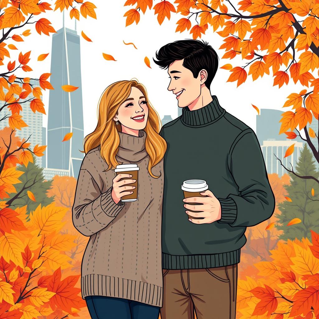 A romantic illustration of a loving couple in autumn in Chicago, holding takeaway coffee cups