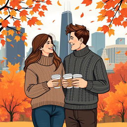 A romantic illustration of a loving couple in autumn in Chicago, holding takeaway coffee cups