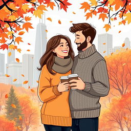 A romantic illustration of a loving couple in autumn in Chicago, holding takeaway coffee cups