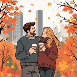 A romantic illustration of a loving couple in autumn in Chicago, holding takeaway coffee cups