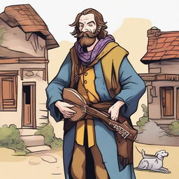 A high-quality comic book-style illustration of a tall, zany, and funny bard, who resembles a homeless vagrant from a fantasy Dungeons and Dragons setting