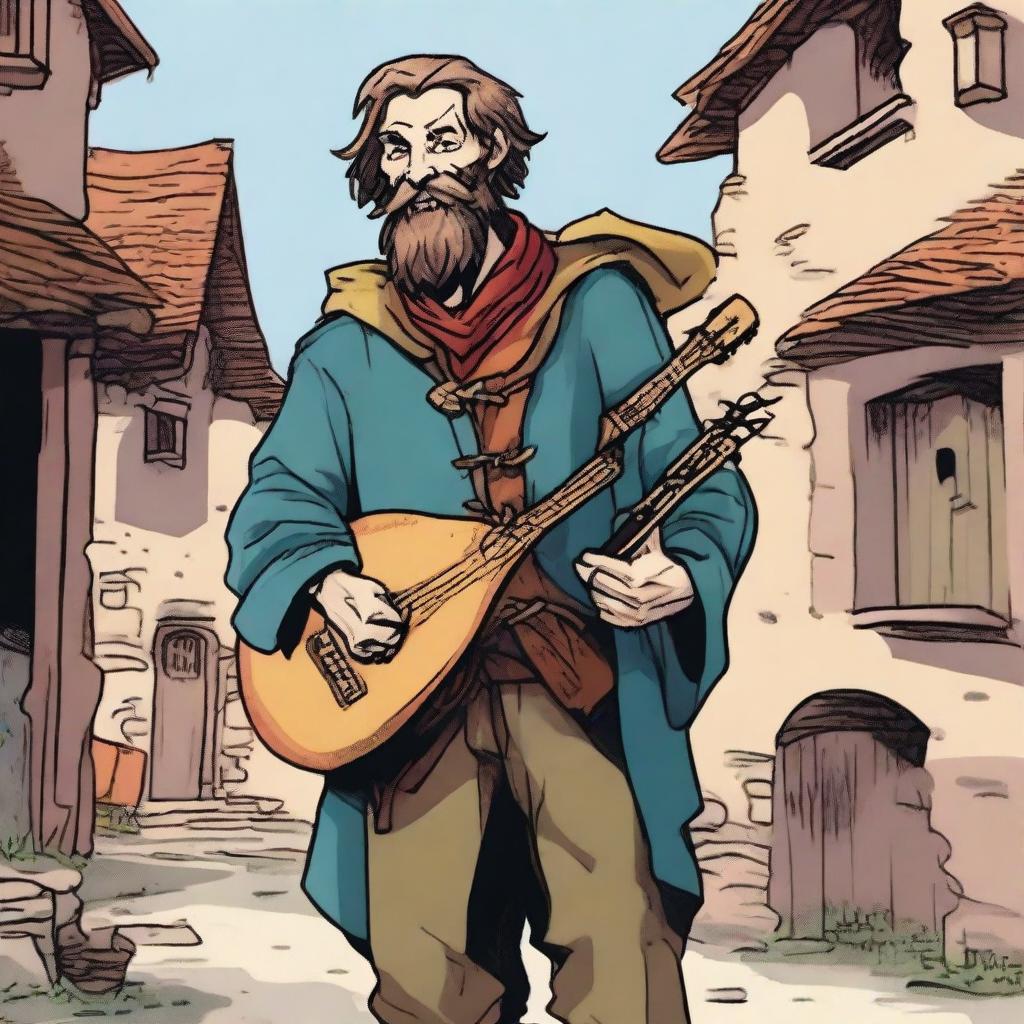 A high-quality comic book-style illustration of a tall, zany, and funny bard, who resembles a homeless vagrant from a fantasy Dungeons and Dragons setting